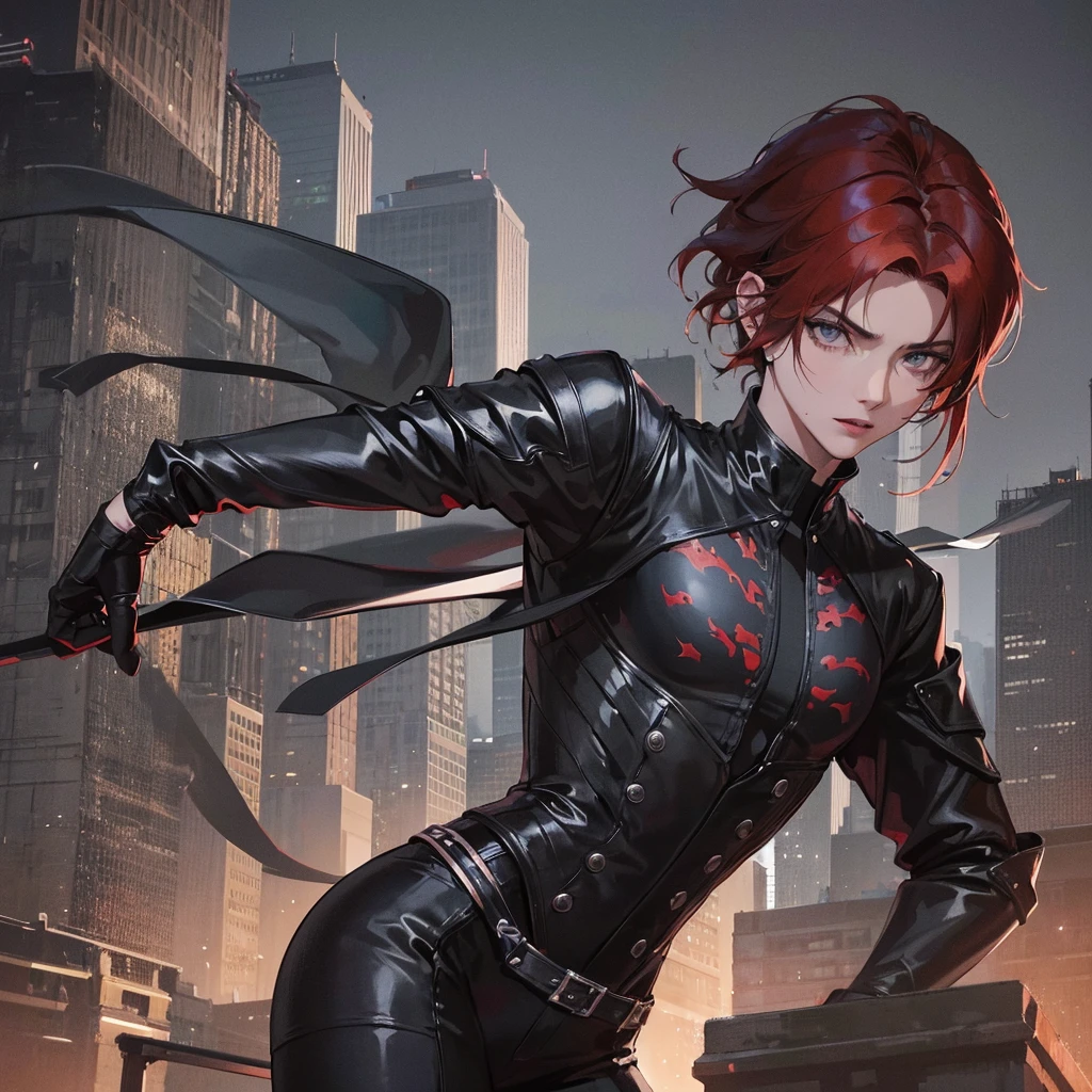 a man in a black suit standing on the rooftop of a tall building, back facing the city skyline, cinematic lighting, dramatic atmosphere, anime-style character, highly detailed, photorealistic, 8K, intricate details, sharp focus, volumetric lighting, realistic textures, moody colors, chiaroscuro lighting, masterpiece, short hair, red hair