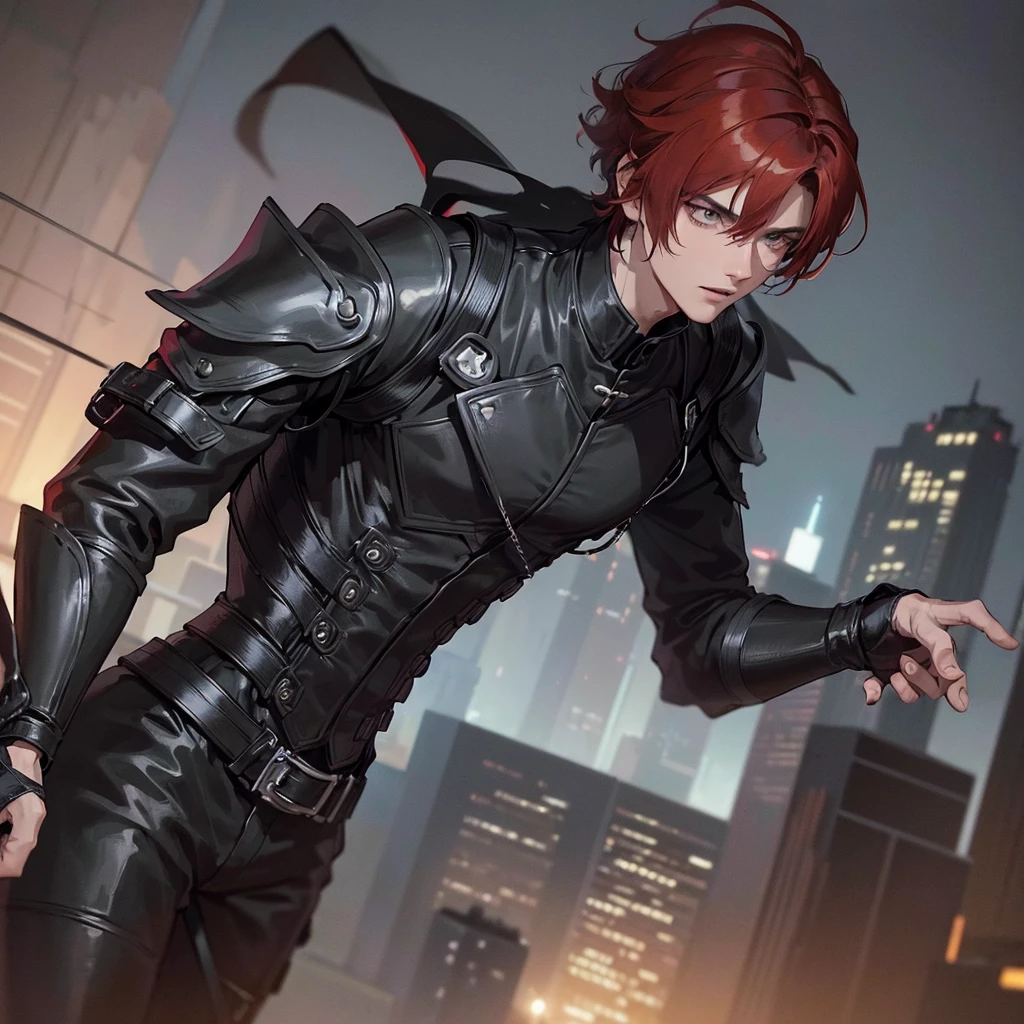 a man in a black suit standing on the rooftop of a tall building, back facing the city skyline, cinematic lighting, dramatic atmosphere, anime-style character, highly detailed, photorealistic, 8K, intricate details, sharp focus, volumetric lighting, realistic textures, moody colors, chiaroscuro lighting, masterpiece, short hair, red hair