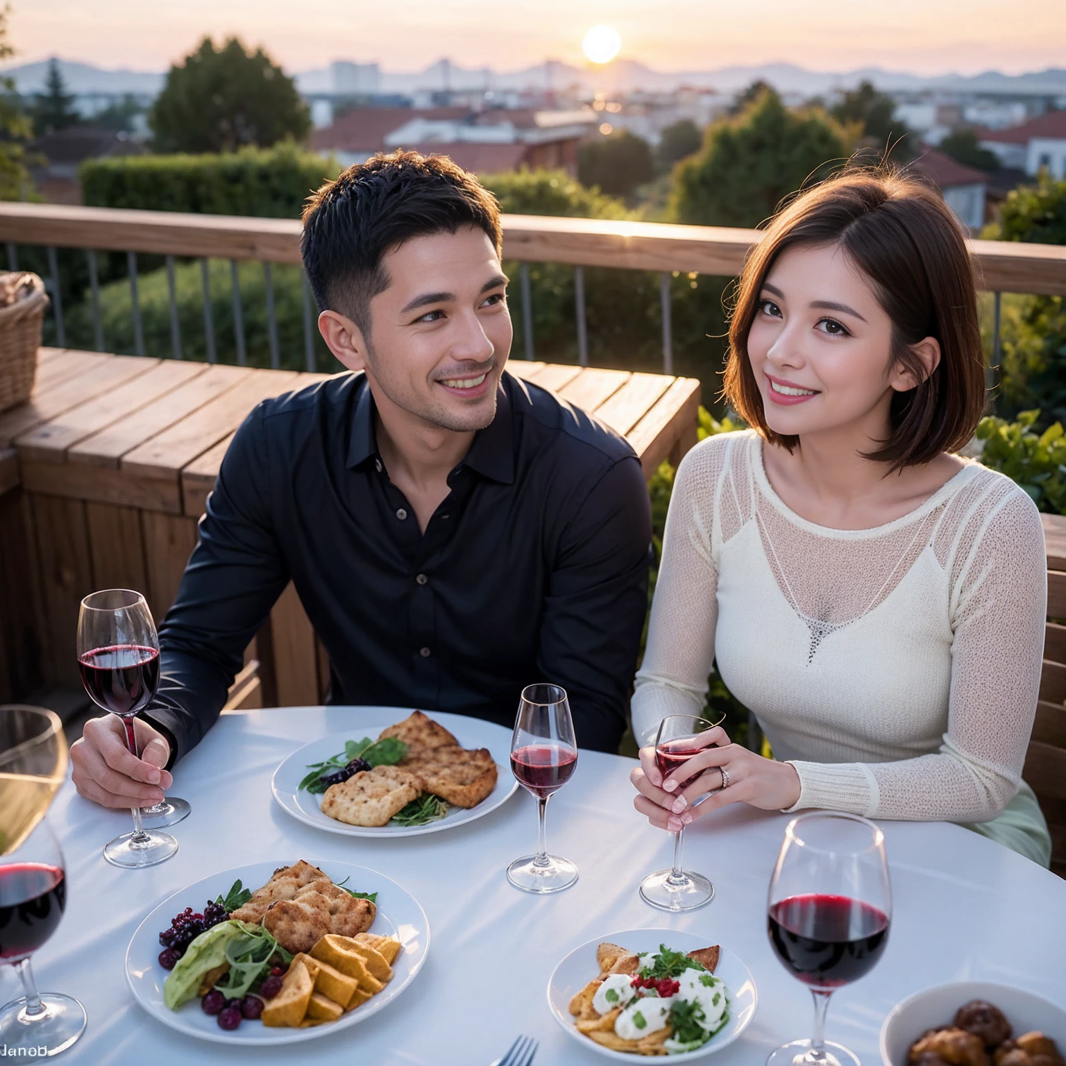 ((Highest quality、8k、masterpiece:1.3))、 (Genuineistic, Genuine、Bright image、Intricate details:1.2), Best smile 1 man 1 woman、Beautiful Couple、spouse、Couple、spouse、Beautiful Couple、Smile、full-course dinner、 (Slim face), (The body is slim), (Brown Hair), (short hair), テーブルの上のwine glass、Please shine a light on my face、 Amazing view of the sunset sky and clouds、 (age 34), 41 years old, red wine 、Appetizers、Wine bottle、sparkling wine、Long sleeve shirt、dress、White wine, red wine, wine glass,