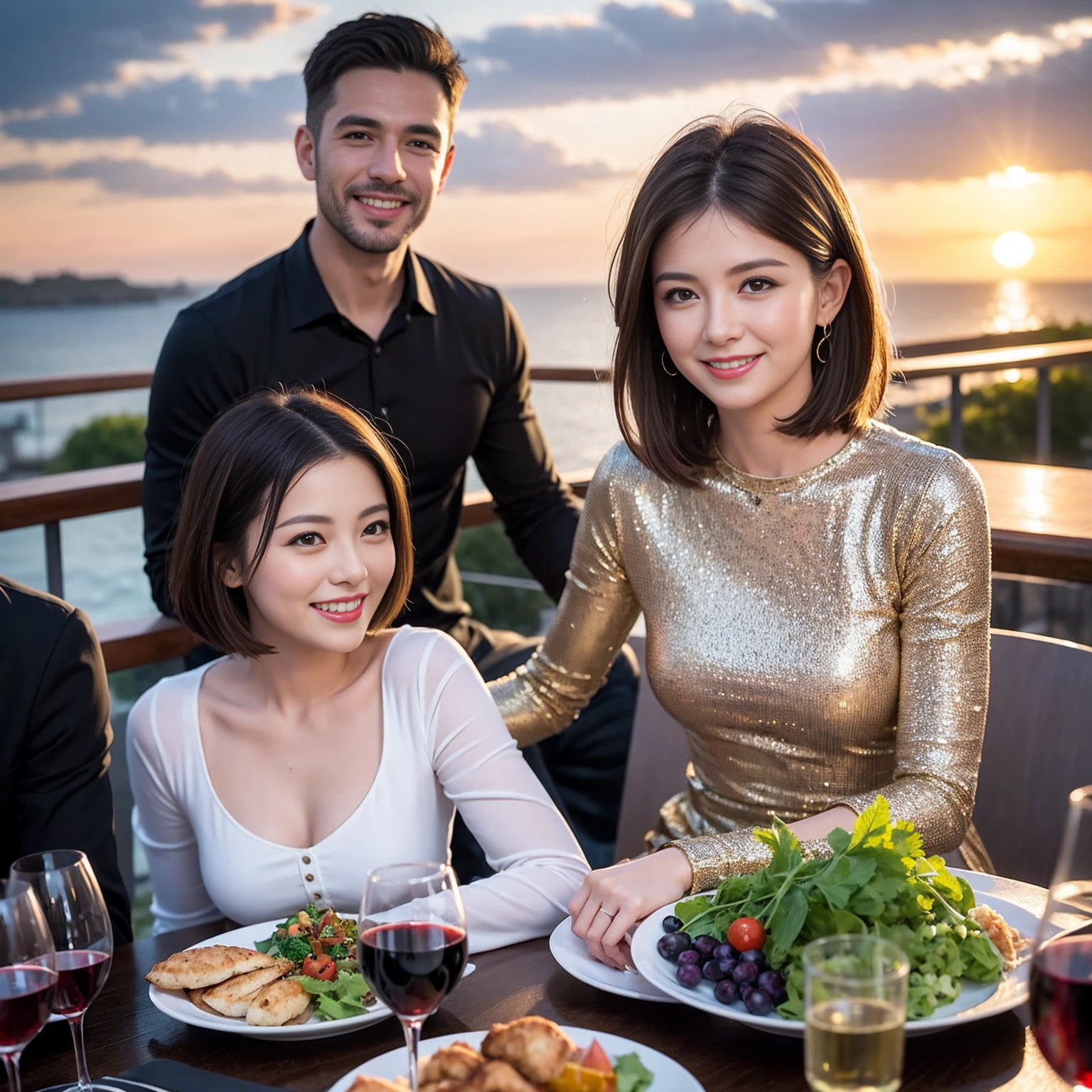 ((Highest quality、8k、masterpiece:1.3))、 (Genuineistic, Genuine、Bright image、Intricate details:1.2), Best smile 1 man 1 woman、Beautiful Couple、spouse、Couple、spouse、Beautiful Couple、Smile、full-course dinner、 (Slim face), (The body is slim), (Brown Hair), (short hair), テーブルの上のwine glass、Please shine a light on my face、 Amazing view of the sunset sky and clouds、 (age 34), 41 years old, red wine 、Appetizers、Wine bottle、sparkling wine、Long sleeve shirt、dress、White wine, red wine, wine glass, 