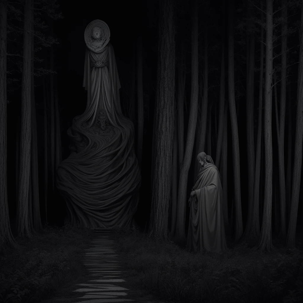 a black and white photo of forest with statue, horror manga, trees and forest on the back with creepy statue, black and white, manga, creepy, junji ito artwork, subtle junji ito, junji ito 4 k, portrait , art style of junji ito, junji ito style, malevolent smile, style of junji ito, 