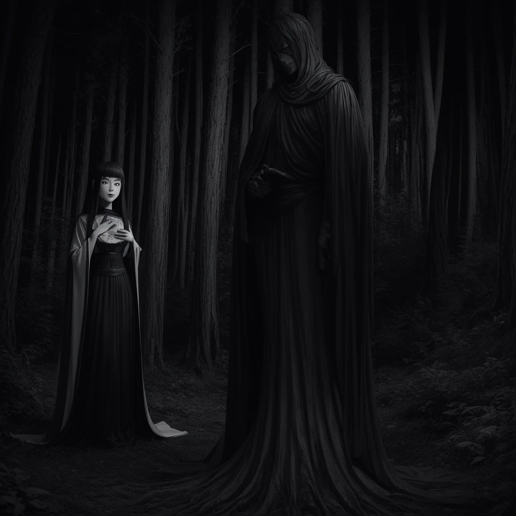 a black and white photo of forest with statue, horror manga, trees and forest on the back with creepy statue, black and white, manga, creepy, junji ito artwork, subtle junji ito, junji ito 4 k, portrait , art style of junji ito, junji ito style, malevolent smile, style of junji ito, 