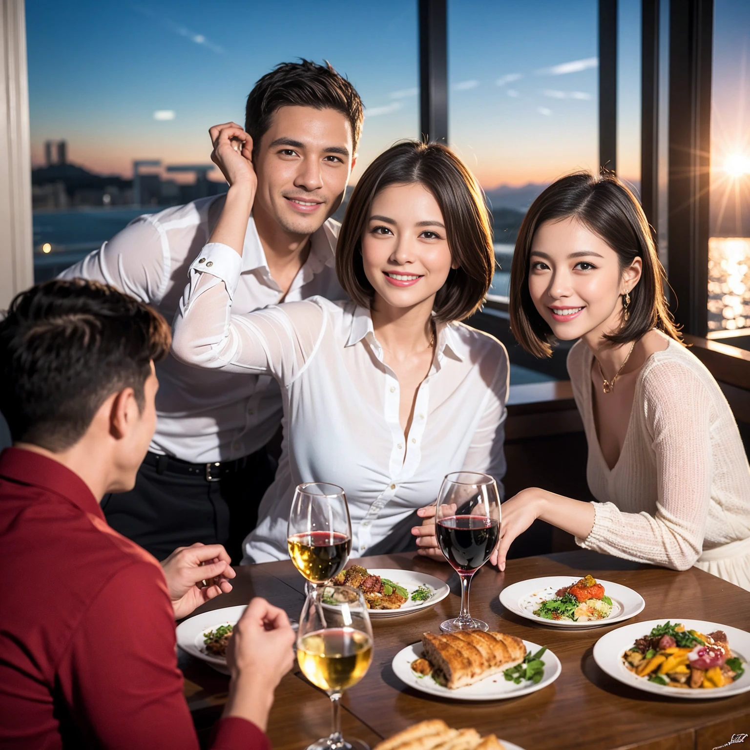((Highest quality、8k、masterpiece:1.3))、 (Genuineistic, Genuine、Bright image、Intricate details:1.2), Best smile 1 man 1 woman、Beautiful Couple、spouse、Couple、spouse、Beautiful Couple、Smile、full-course dinner、 (Slim face), (The body is slim), (Brown Hair), (short hair), テーブルの上のwine glass、Please shine a light on my face、 Amazing view of the sunset sky and clouds、 (Age 44), 41 years old, red wine 、Appetizers、Wine bottle、sparkling wine、Long sleeve shirt、dress、White wine, red wine, wine glass,