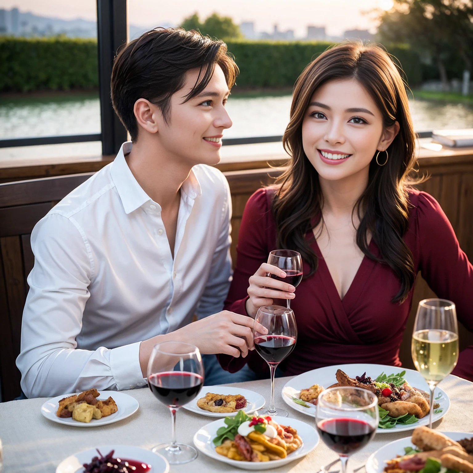 ((Highest quality、8k、masterpiece:1.3))、 (Genuineistic, Genuine、Bright image、Intricate details:1.2), Best smile 1 man 1 woman、Beautiful Couple、spouse、Couple、spouse、Beautiful Couple、Smile、full-course dinner、 (Slim face), (The body is slim), (Brown Hair), (short hair), テーブルの上のwine glass、Please shine a light on my face、 Amazing view of the sunset sky and clouds、 (Age 44), 41 years old, red wine 、Appetizers、Wine bottle、sparkling wine、Long sleeve shirt、dress、White wine, red wine, wine glass,