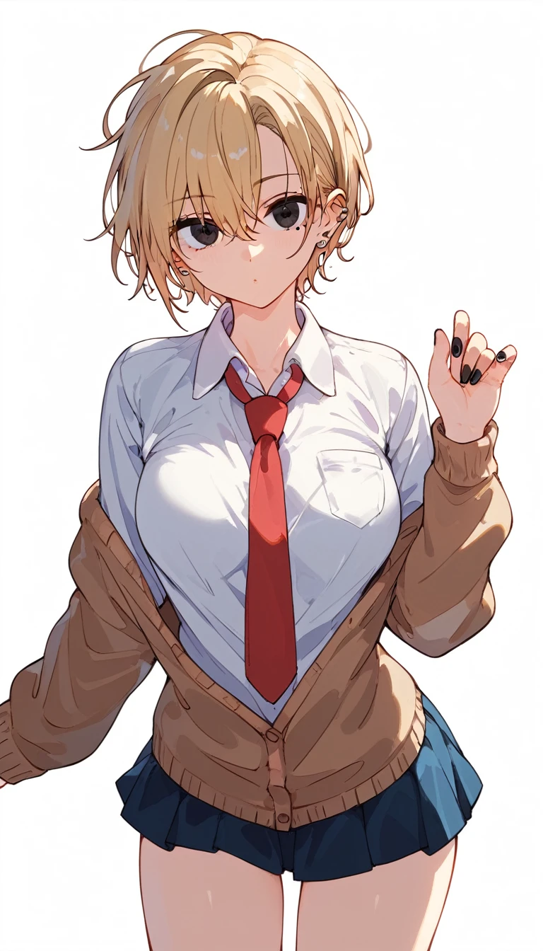 (score_9, score_8_up, score_7_up, score_6_up, score_5_up, score_4_up), 1girl, solo, flat color, BREAK, medium big breasts, medium sexy thigh, 1girl, blonde hair, Short hair, messy hair, Black Eyes, Black nail polish, ear piercings, shirt, long sleeves, white shirt, pleated skirt, necktie, collared shirt, blue skirt, cardigan, red necktie, mole under eyes,full body, looking at viewer, sexy pose, white background, simple background,from bottom view, Leaning forward, Cowboy Shot, Composition of the sides:1.5, covering eyes, dim light