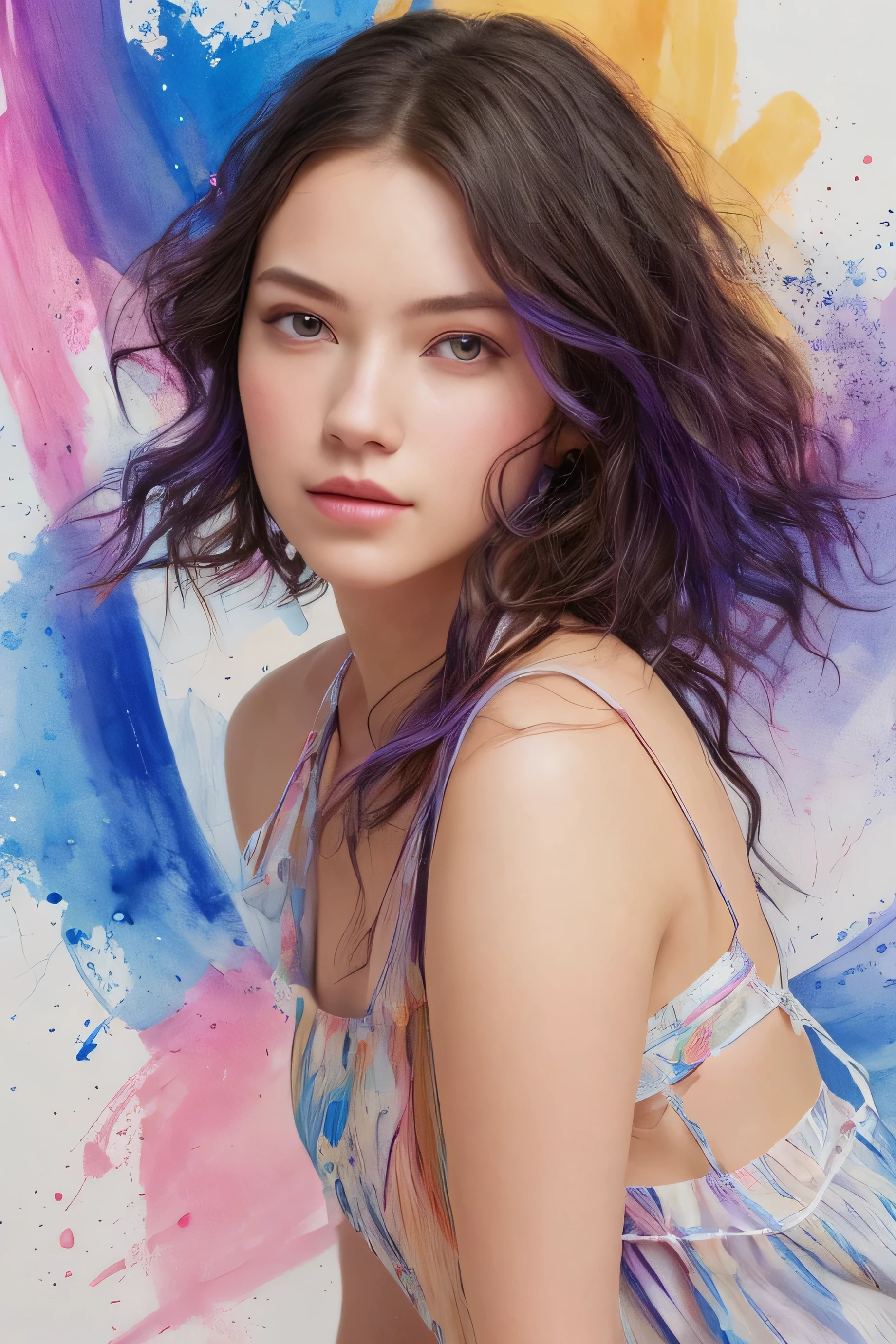 Beautiful girl with bright colors: A 20-year-old girl, messy hair, painting, Perfect face, soft skin Perfect face, blue yellow, Light purple and violet added, light red additive, Intricate details, Startup Screen, 8k resolution, masterpiece, Cute face, ArtStation Digital Smooth Black Ink Flow: 8k resolution realistic masterpiece: complicated fluid gouache: author:John Baptiste Monger: calligraphy: Acrylic Fiber: Watercolor Art, Professional photography, Natural Lighting, Volumetric lighting minimalist photography illustration: author:marton bobzert: , complicated, elegant, Broad, Dreamy, curls, Energetic
