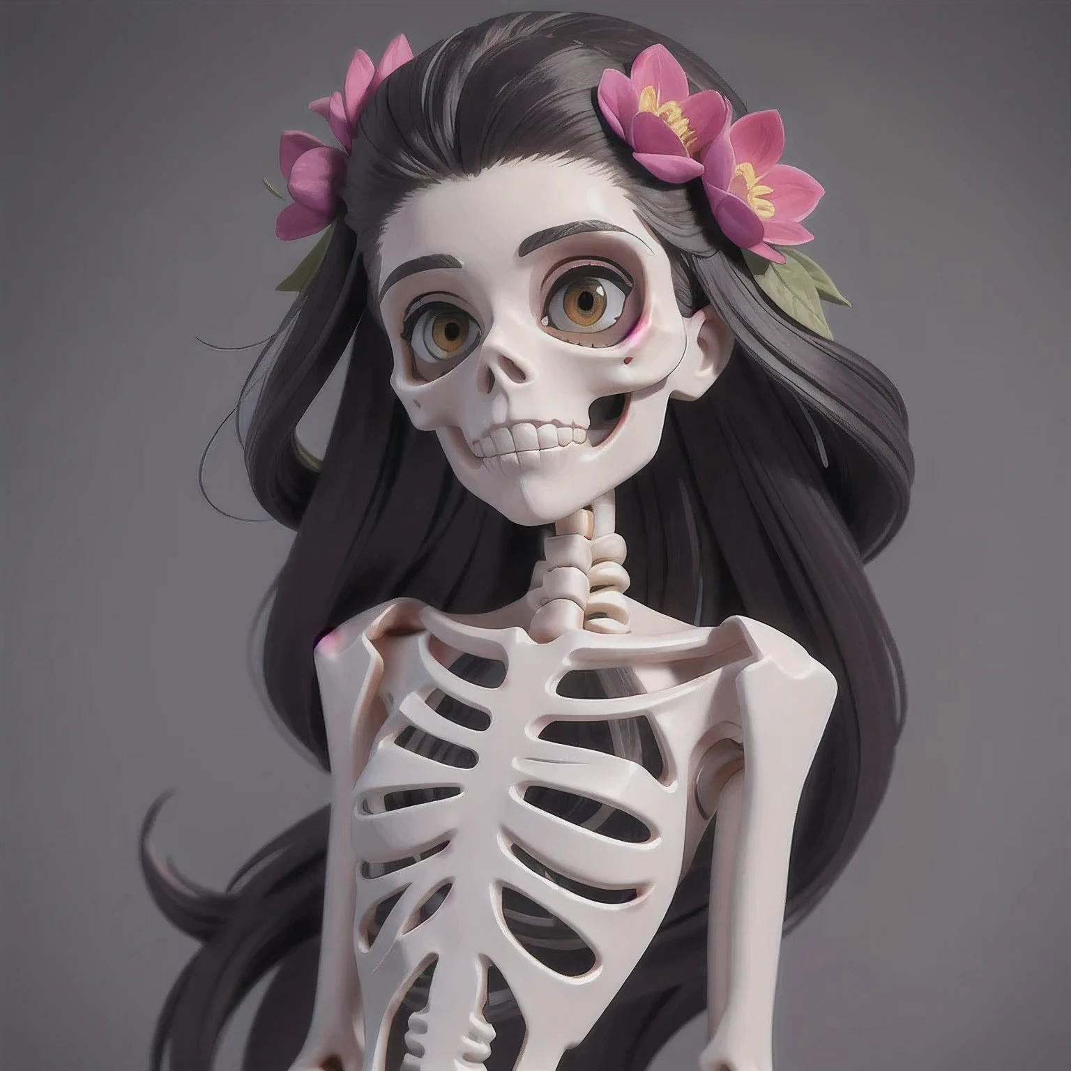 skeleton with flower in hair standing against grey background, anatomically correct skeleton, skeleton girl, skeleton, skelleton, skeletal, half woman half skeleton, anatomically accurate skeleton, thin skeleton, skull bones flowers, fleshy skeletal, titanium skeleton, cute skeleton, fleshy skeletal body, flowers grow from the body, human skeleton, female death, highly detailed skeleton