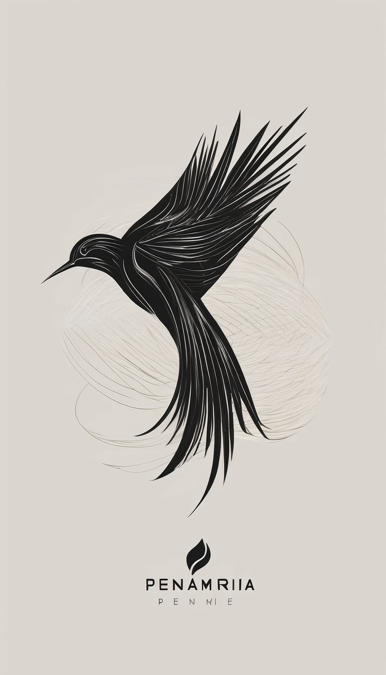 A minimal, modern, simple, cinematic logo design for the brand “Penamemoria". Create a modern, minimalistic, high-quality, logo of a bird with special and thin threads as tail
