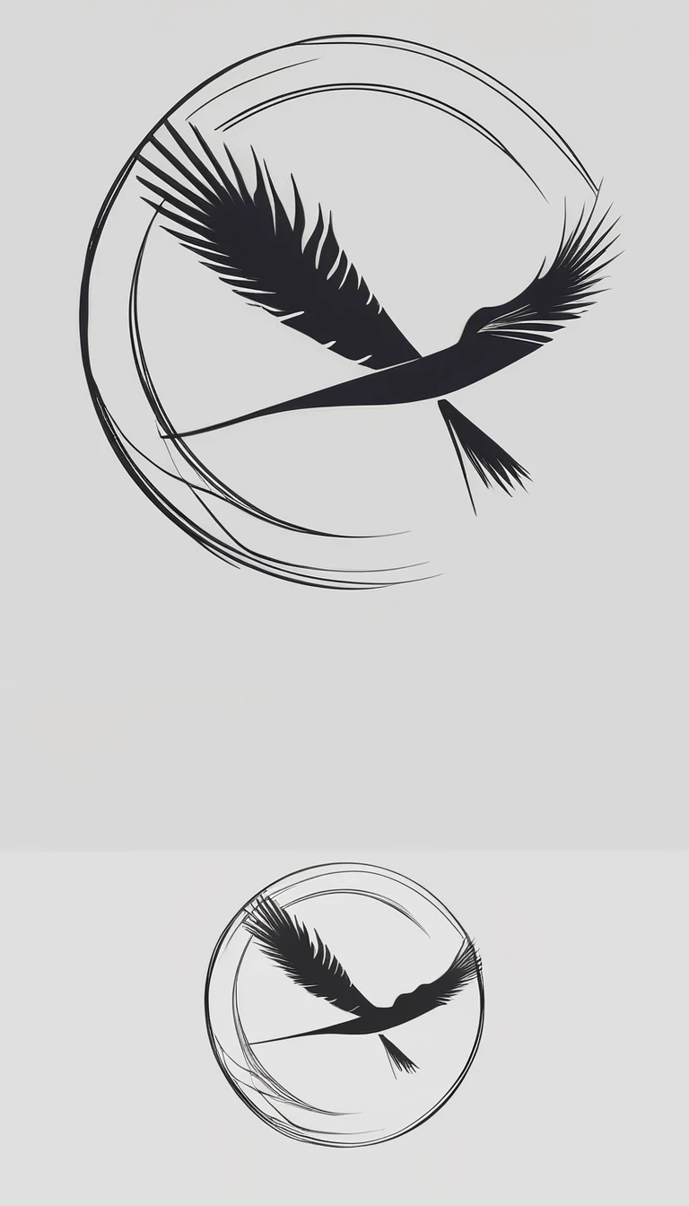A minimal, modern, simple, cinematic logo design for the brand “Penamemoria". Create a modern, minimalistic, high-quality, logo of a bird with special and thin threads as tail