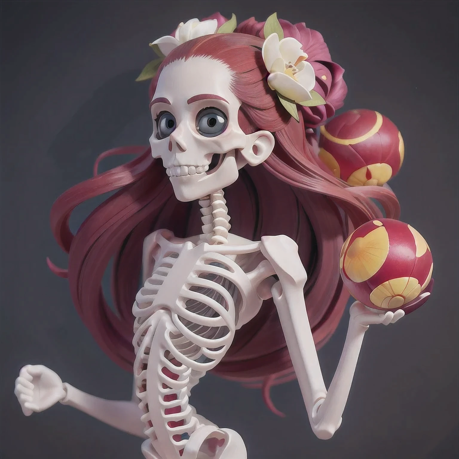 skeleton with flower in hair standing against grey background, anatomically correct skeleton, skeleton girl, skeleton, skelleton, skeletal, half woman half skeleton, anatomically accurate skeleton, thin skeleton, skull bones flowers, fleshy skeletal, titanium skeleton, cute skeleton, fleshy skeletal body, flowers grow from the body, human skeleton, female death, highly detailed skeleton