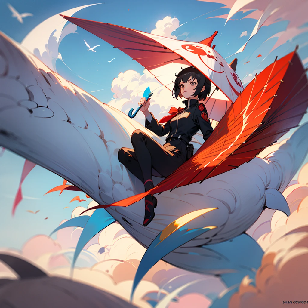 A ,Holding a red umbrella in his hand,Fly in the sky,Shinkai Makoto,sky whales,A beautiful artwork illustration,Cyril Rolando's style,Below is the city view