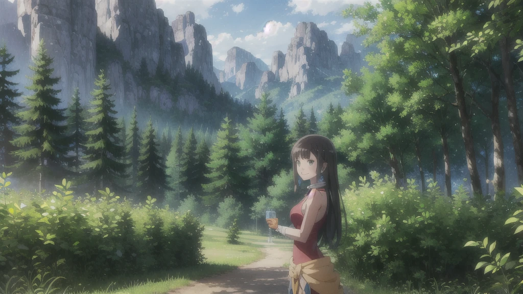 alone, One girl, View your viewers, 2D, anime, anime coloring, tione hiryute, jewelry, smile,outdoor,forest,