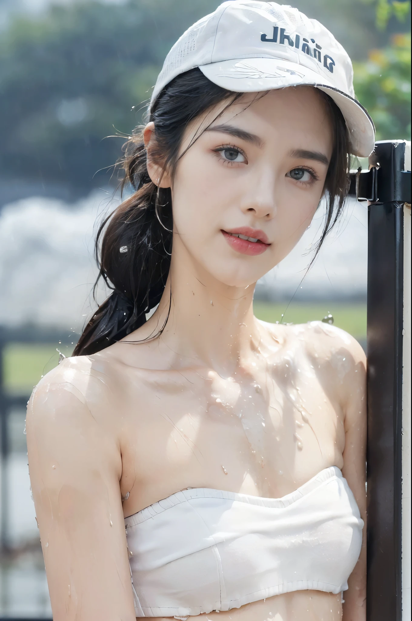 (Extremely meticulous CG),(((8k))),wallpaper,((Extremely refined and beautiful)),(((Masterpiece))),(((best qualtiy))),(((Ultra High Resolution))),realistic shaded,(Smooth and flawless fair skin:1.5),(Extremely exquisite facial details:1.2),(ultra-detailed:1.5),((a beautiful girl,solo)),(White baseball cap:1.5),(short ponytail:1.3),(wet hair:1.5),(small head:1.2),(slender face:1.2),(Exquisite makeup:1.3),(happy:1.2),(laughing:1.2),(perfect body:1.1),(wet:1.5),(sweat:1.3),(shiny skin:1.5),(strapless white bra:1.3),(small breasts:1.3),(flat chest:1.2),((slim,thin)),(from front:1.3),(standing:1.3),(at the schoolgate:1.5),(urban landscape:1.3),(outdoor:1.3),(summer:1.3),(day scene:1.3),(dark lighting:1.5),(cloudy:1.5),(rainy:1.3),(overcast:1.5),(close-up of face:1.3),(surrounded by crowded crowds:1.5)