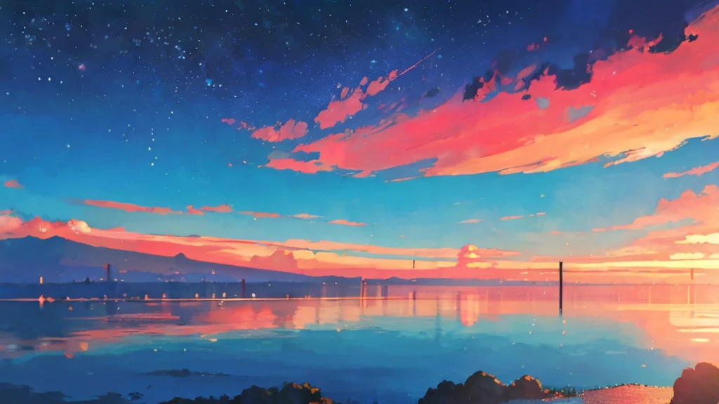 The towering mountains are reflected in the calm waters of the clear lake々painting、Peaceful scenery scene in anime style. By Makoto Shinkai, Anime Art Wallpaper 4K, Anime Art Wallpaper 4K, anime art wallpaper 8 k, Anime wallpaper 4K, Anime wallpaper 4K, 4K anime wallpaper, Anime Sky, Great wallpaper, Anime Background, Planets in the background, Anime Background art,Hawaii,beach,
