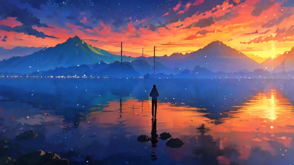 The towering mountains are reflected in the calm waters of the clear lake々painting、Peaceful scenery scene in anime style. By Makoto Shinkai, Anime Art Wallpaper 4K, Anime Art Wallpaper 4K, anime art wallpaper 8 k, Anime wallpaper 4K, Anime wallpaper 4K, 4K anime wallpaper, Anime Sky, Great wallpaper, Anime Background, Planets in the background, Anime Background art,Hawaii,beach,
