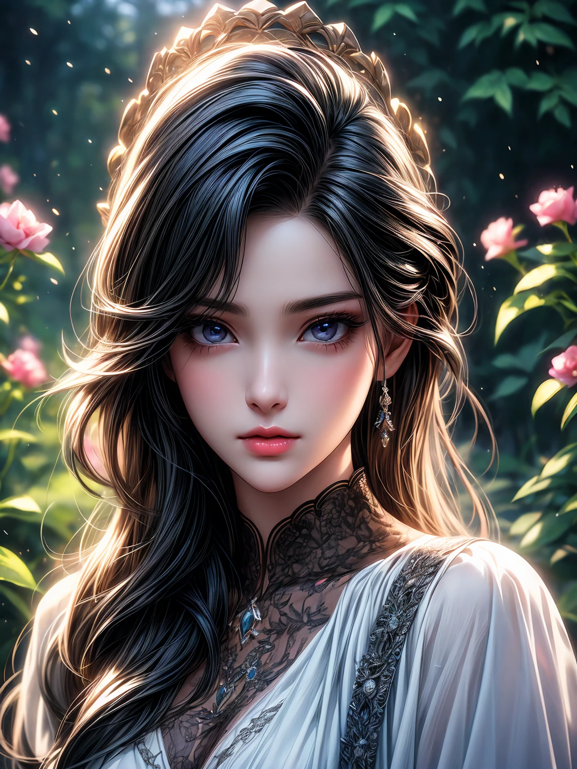 girl in the garden,detailed and beautiful eyes,detailed eyes、beautiful detailed lips,Highly detailed eyes and face,black eyes、long eyelashes,figure,Super detailed,最high quality,4k,8K,High resolution,masterpiece:1.2,Ultra-fine painting,sharp focus,Professional,Bright colors,Portrait、sexy、masterpiece, 最high quality, high quality, High resolution、cinematic lighting、