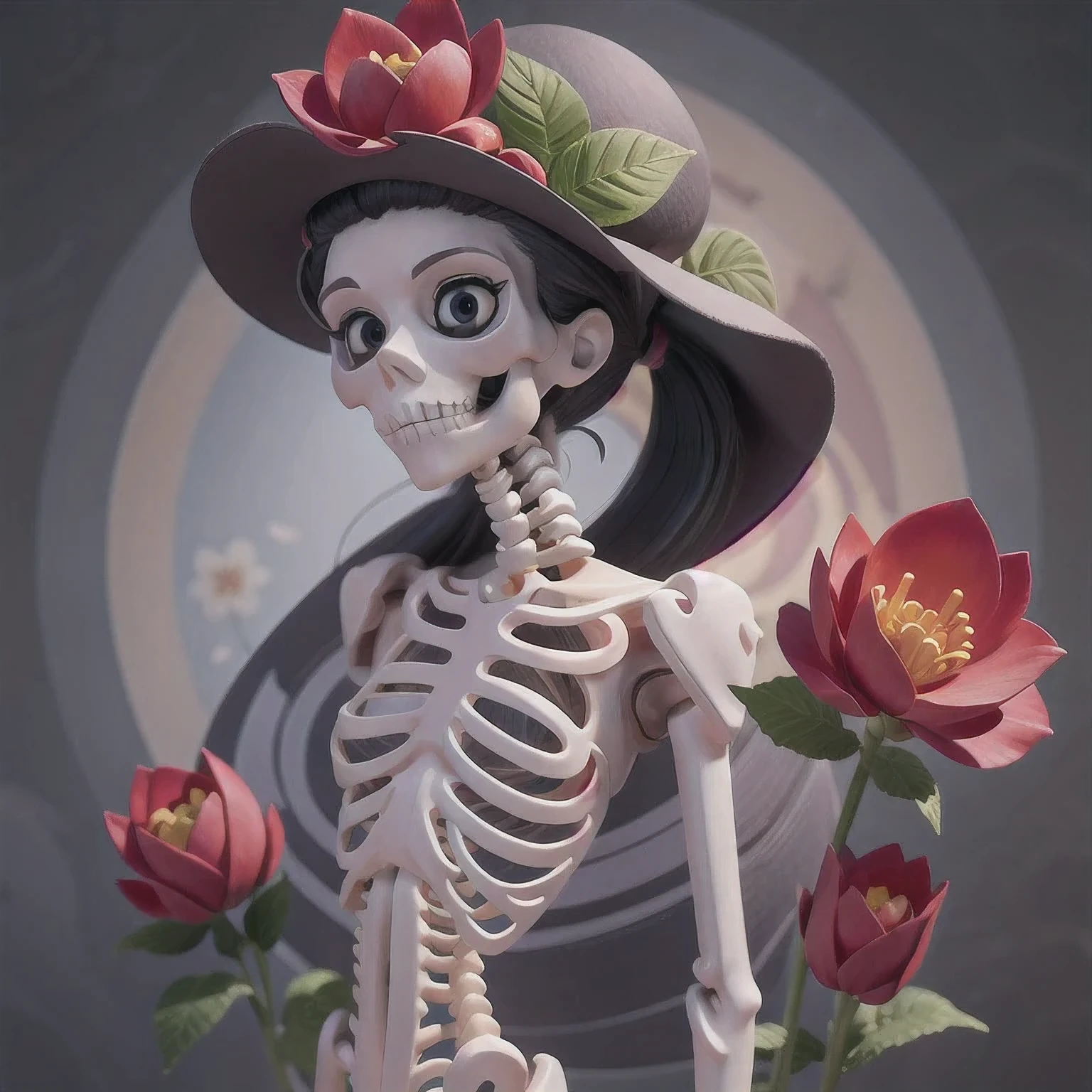 skeleton with flower in hair standing against grey background, anatomically correct skeleton, skeleton girl, skeleton, skelleton, skeletal, half woman half skeleton, anatomically accurate skeleton, thin skeleton, skull bones flowers, fleshy skeletal, titanium skeleton, cute skeleton, fleshy skeletal body, flowers grow from the body, human skeleton, female death, highly detailed skeleton