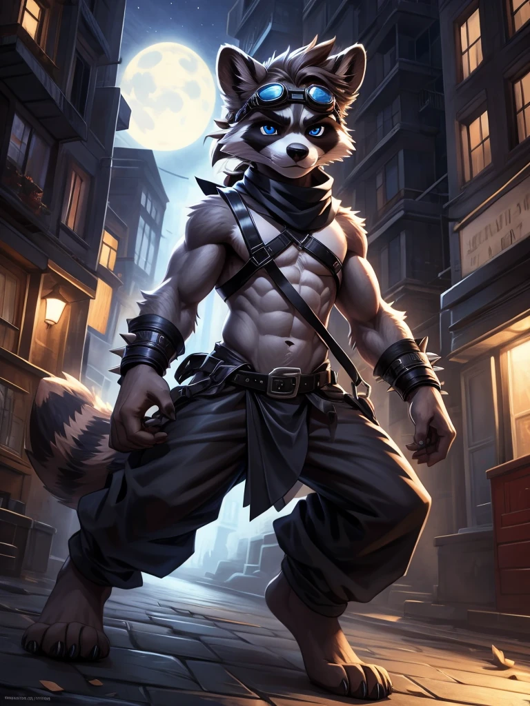 no lighting, deep shadow, dynamic angle, Solo, teen furry, furry, teen, raccoon, grey body, long brown spiked_ponytail, Detailed body fur, long blue scarf, leather_harness, blue_loincloth, goggles, masterpiece, gray body, Detailed face, big eyebrows, blue eyes, detailed eyes, No muscles, Detailed hands, Flat body, Skinny, Detailed paws, metal cuffs on wrists, black baggy pants, no shirt, street, night, no underwear, laying, bored