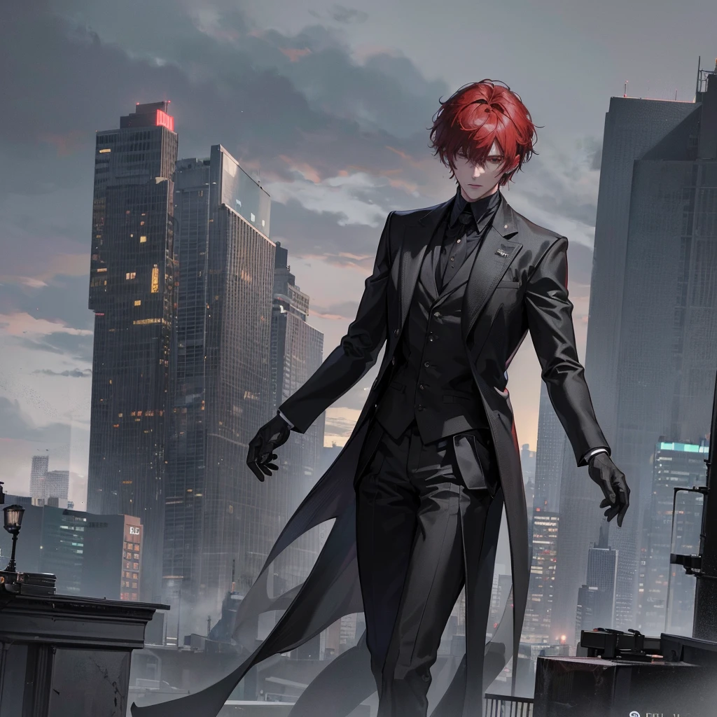 a man in a black suit standing on the rooftop of a tall building, back facing the city skyline, cinematic lighting, dramatic atmosphere, anime-style character, highly detailed, photorealistic, 8K, intricate details, sharp focus, volumetric lighting, realistic textures, moody colors, chiaroscuro lighting, masterpiece, short hair, red hair