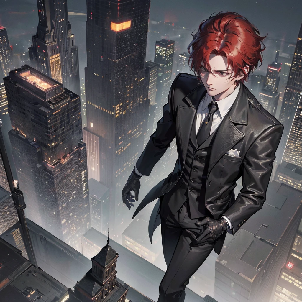 a man in a black suit standing on the rooftop of a tall building, back facing the city skyline, cinematic lighting, dramatic atmosphere, anime-style character, highly detailed, photorealistic, 8K, intricate details, sharp focus, volumetric lighting, realistic textures, moody colors, chiaroscuro lighting, masterpiece, short hair, red hair