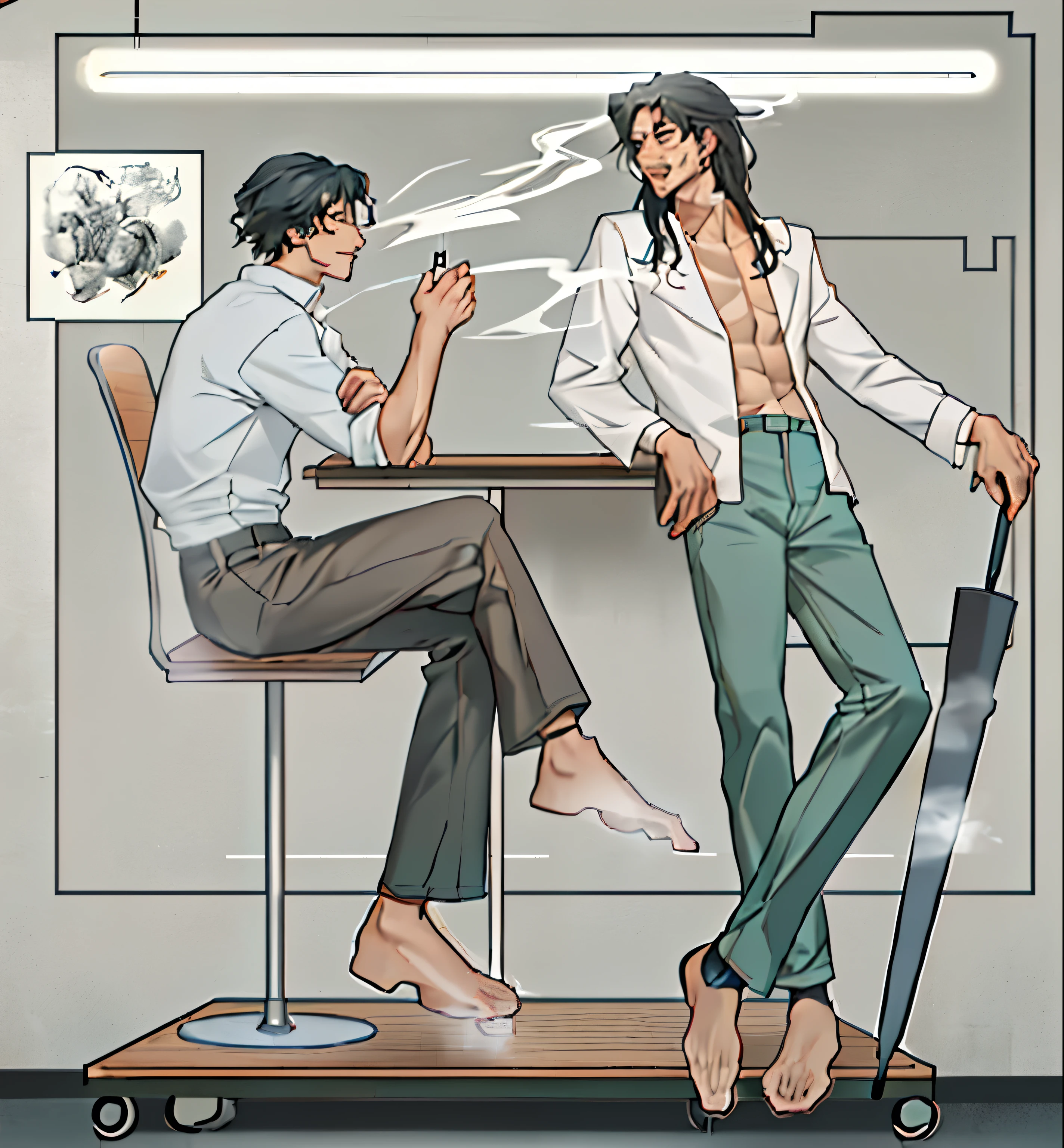 Full body shot of a man on the left sitting on a high chair,Cross your legs,One leg on the other,Baggy pants,side view,Hands on the table,bar,Line Art,Loose shirt,Smoking with one hand,The man on the right is on crutches,One hand propped up on the table