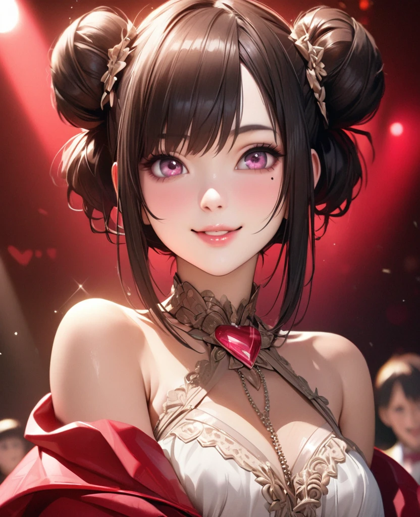 One Girl、Looking at the audience、
Beautiful pink eyes、Two brown double hair buns , Mole under the eye、Plump and glossy lips、Heart-shaped choca、Idol、Her name is Rico,smile、ー、。.。.。.。.。.。.。.。.。.。.。.。.。.。.。.。.。.。.3D、Realistic、
off shoulder dress, Drape clothes、gem、The decoration has been removed、Floral、Lace trim,On a glittering stage、
masterpiece、highest quality、8k、Detailed skin texture、Detailed cloth texture、Beautifully detailed face、Intricate details、Very detailed、
超A high resolution、8k Ultra HD、Film Grain、Best Shadow、delicate、Gazing at the audience、front