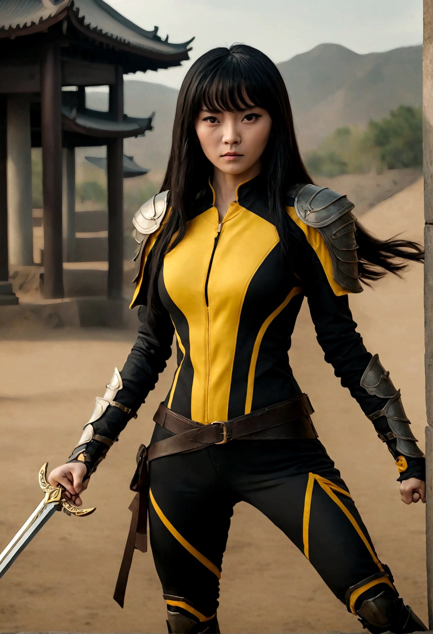 Beautiful Chinese woman in a black and yellow suit, holds a sword, Zhilei Xin as the main character, full body cinematic shot, "modern superhero costume", Chinese woman with bangs, courageous character, Kind, Brave, on the battlefield, DC вселенная