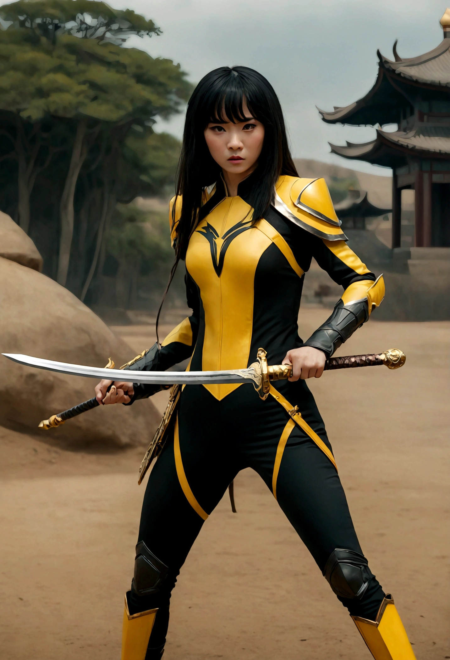 Beautiful Chinese woman in a black and yellow suit, holds a sword, Zhilei Xin as the main character, full body cinematic shot, "modern superhero costume", Chinese woman with bangs, courageous character, Kind, Brave, on the battlefield, DC вселенная