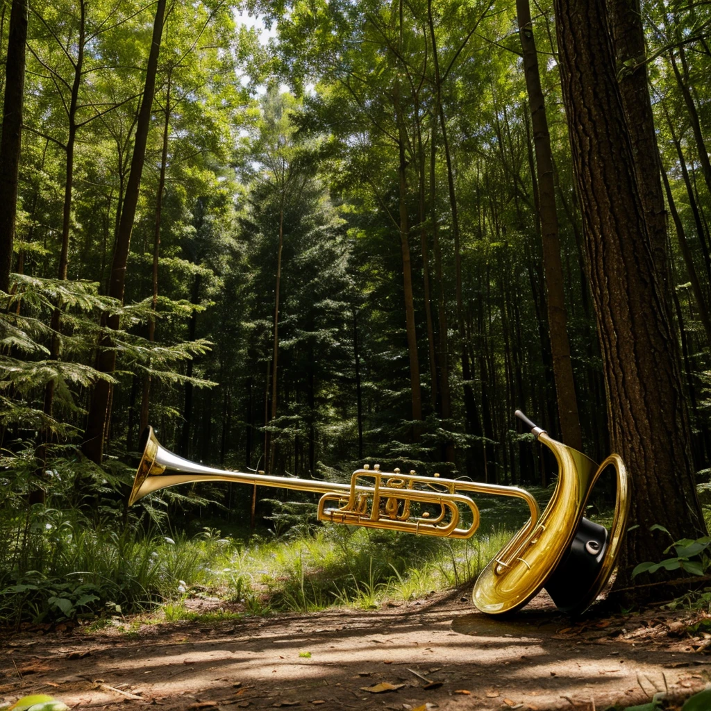 (masterpiece, top quality, best quality, official art, beautiful), At the forest, a trumpet,on the ground,no humans