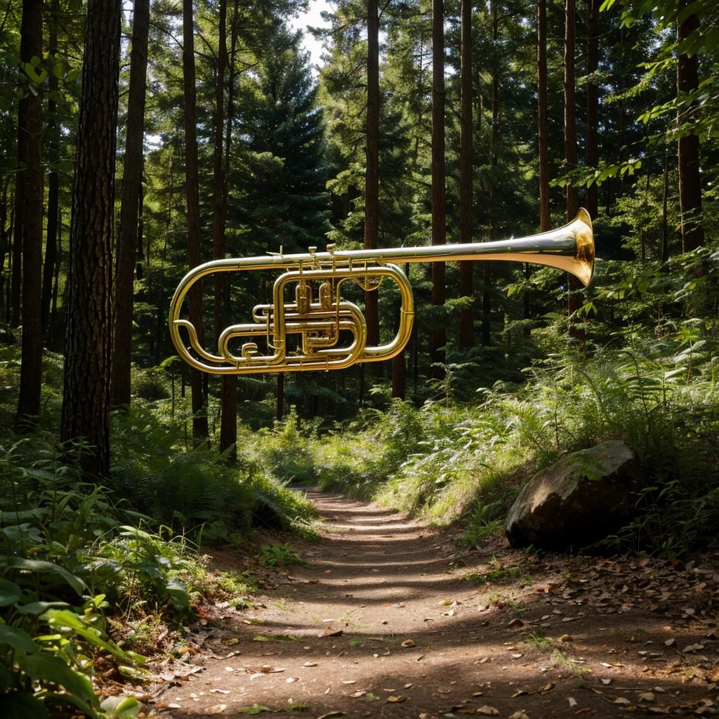 (masterpiece, top quality, best quality, official art, beautiful), At the forest, a trumpet,on the ground,no humans