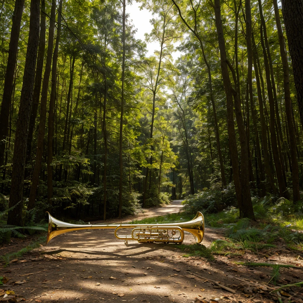 (masterpiece, top quality, best quality, official art, beautiful), At the forest, a trumpet,on the ground,no humans