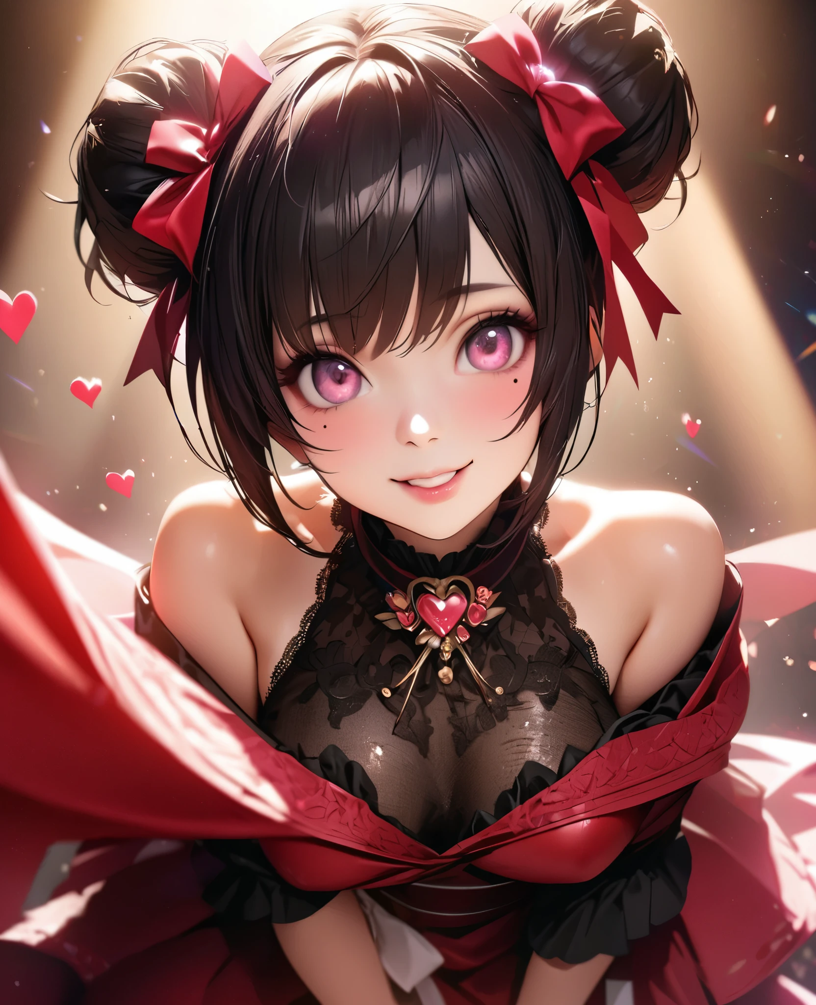 One Girl、Looking at the audience、
Beautiful pink eyes、Two brown double hair buns , Mole under the eye、Plump and glossy lips、Heart-shaped choca、Idol、Her name is Rico,smile、ー、。.。.。.。.。.。.。.。.。.。.。.。.。.。.。.。.。.。.3D、Realistic、
off shoulder dress, Drape clothes、gem、The decoration has been removed、Floral、Lace trim,On a glittering stage、
masterpiece、highest quality、8k、Detailed skin texture、Detailed cloth texture、Beautifully detailed face、Intricate details、Very detailed、
超A high resolution、8k Ultra HD、Film Grain、Best Shadow、delicate、Gazing at the audience、front