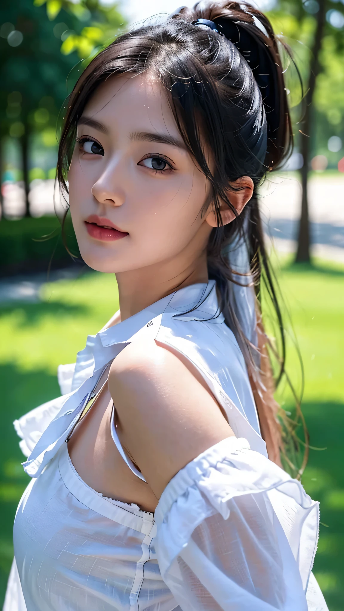 Black Bra、White collared shirt,jeans,outdoors,Urban Park,On the lawn,One woman,close up face,fully body photo,masutepiece, The highest image quality, High quality, the background is clear，Beautiful woman, Japanese, Detailed, Ultra-detailed, finely detail, hight resolution, 8K Wallpaper, Perfect dynamic composition, Beautiful detailed eyes ,Detailed eyes, Detailed skin, Beautiful skin, 超hight resolution, (reality: 1.4),Very beautiful woman, Slightly younger face, Beautiful skin, slender, (Ultra photo realsisim), (hight resolution), (8K), (Very detailed) (beautifully detailed eyes), (super detailed),   (Detailed face), view the viewer, Fine details, Detailed face, Staring straight ahead, Staring straight ahead, photos realistic, Bright lighting, Professional Lighting, Black hair,poneyTail,a baby face,sixteen years old,Hairstyle: ponytail,Long ponytail hairstyle,slight smile,