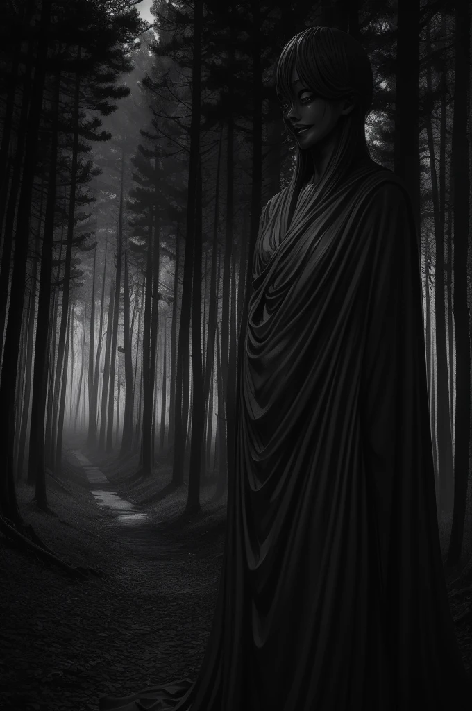 a black and white photo of forest with statue, horror manga, trees and forest on the back with creepy statue, black and white, manga, creepy, junji ito artwork, subtle junji ito, junji ito 4 k, portrait , art style of junji ito, junji ito style, malevolent smile, style of junji ito, 