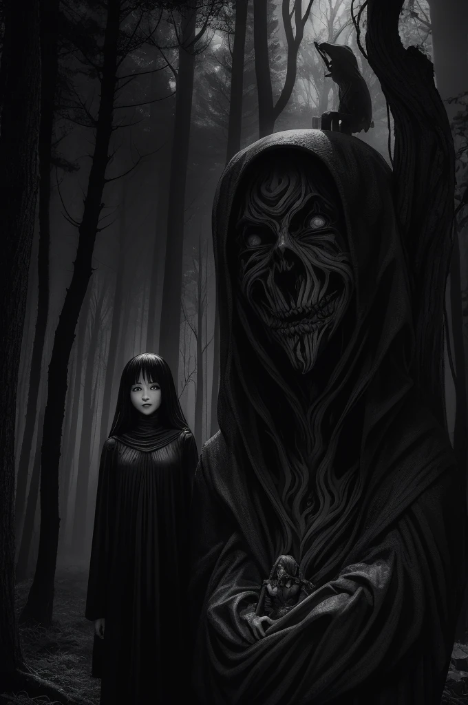 a black and white photo of forest with statue, horror manga, trees and forest on the back with creepy statue, black and white, manga, creepy, junji ito artwork, subtle junji ito, junji ito 4 k, portrait , art style of junji ito, junji ito style, malevolent smile, style of junji ito, 