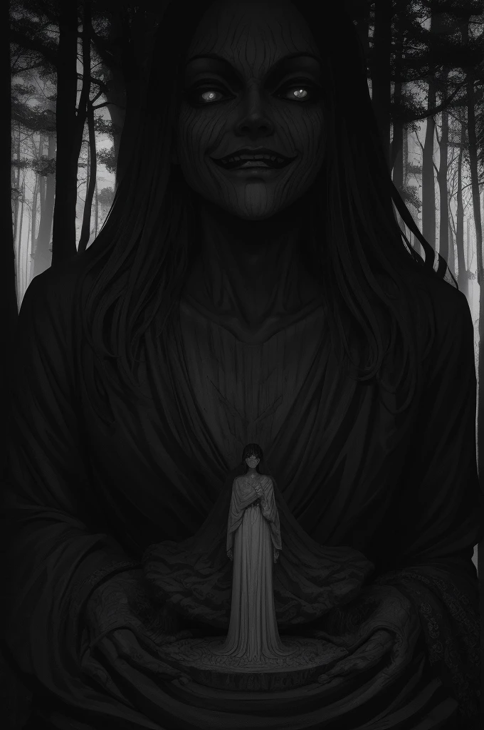 a black and white photo of forest with statue, horror manga, trees and forest on the back with creepy statue, black and white, manga, creepy, junji ito artwork, subtle junji ito, junji ito 4 k, portrait , art style of junji ito, junji ito style, malevolent smile, style of junji ito, 