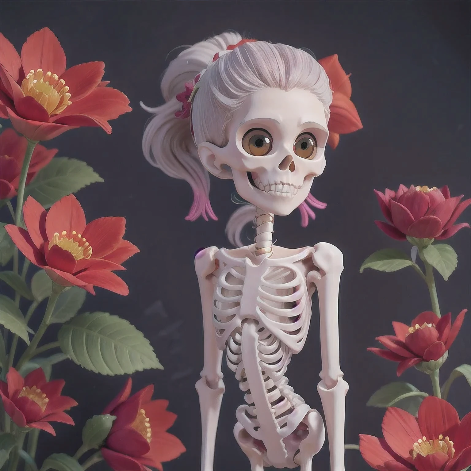 skeleton with flower in hair standing against grey background, anatomically correct skeleton, skeleton girl, skeleton, skelleton, skeletal, half woman half skeleton, anatomically accurate skeleton, thin skeleton, skull bones flowers, fleshy skeletal, titanium skeleton, cute skeleton, fleshy skeletal body, flowers grow from the body, human skeleton, female death, highly detailed skeleton