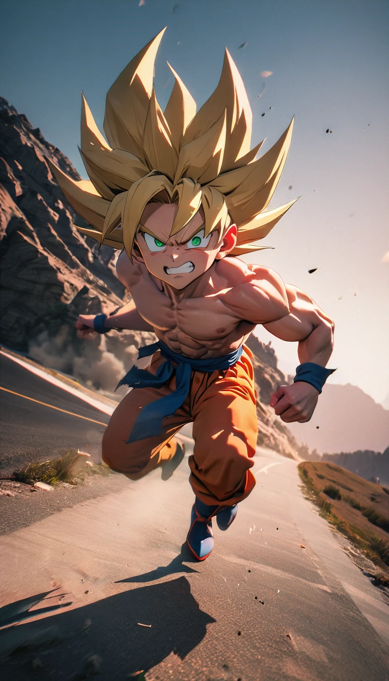 (((8K, RAW photos, best quality, masterpiece: 1.4))), (((((Boy on the road)))))，Ultra-high resolution, Extremely detailed, Son Goku, 1 Boy, Angry, Battle damage, Blonde Hair, blue sash, clenched teeth, anger, Green Eyes, Male focus, Muscular, Muscular male, Chest muscles, sash, Solo, spiked hair, Super Saiyan, Super Saiyan 1, teeth, Shirtless men, Torn clothes, cuff, (perfect anatomy:1.2), High-quality shadows, Natural Lighting,