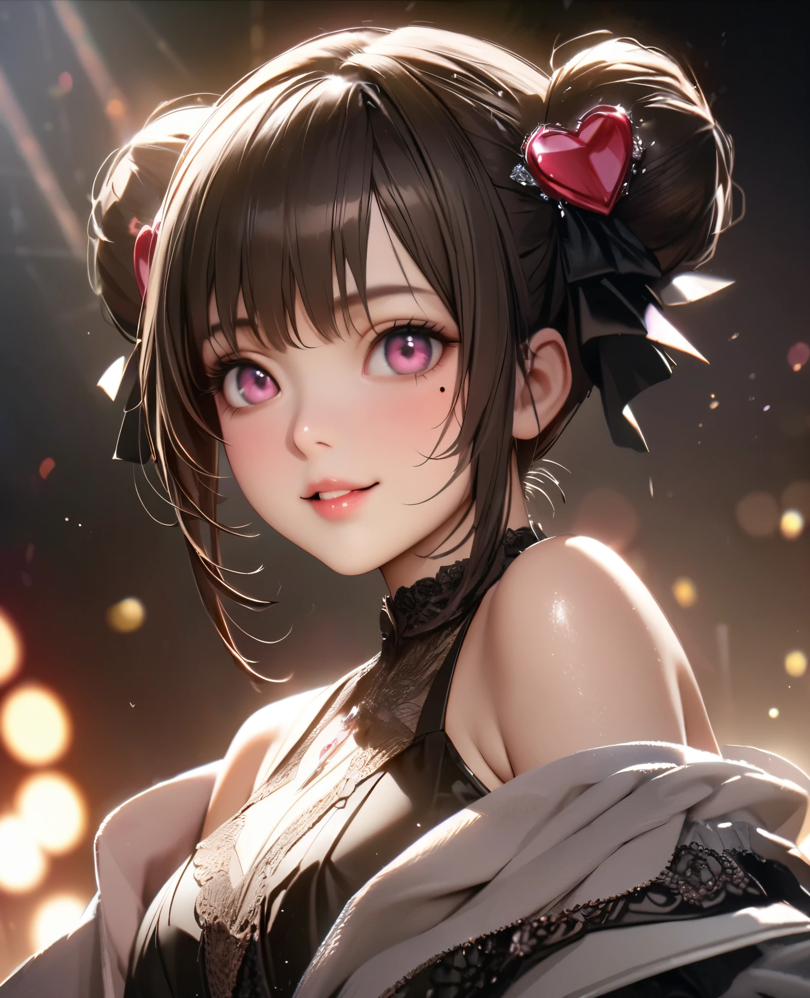 One Girl、Looking at the audience、lovely,
Beautiful pink eyes、Two brown double hair buns , Mole under the eye、Plump and glossy lips、Heart-shaped choca、Idol、Her name is Rico,smile、ー、。.。.。.。.。.。.。.。.。.。.。.。.。.。.。.。.。.。.3D、Realistic、
off shoulder dress, Drape clothes、gem、The decoration has been removed、Floral、Lace trim,On a glittering stage、
masterpiece、highest quality、8k、Detailed skin texture、Detailed cloth texture、Beautifully detailed face、Intricate details、Very detailed、
超A high resolution、8k Ultra HD、Film Grain、Best Shadow、delicate、Gazing at the audience、front