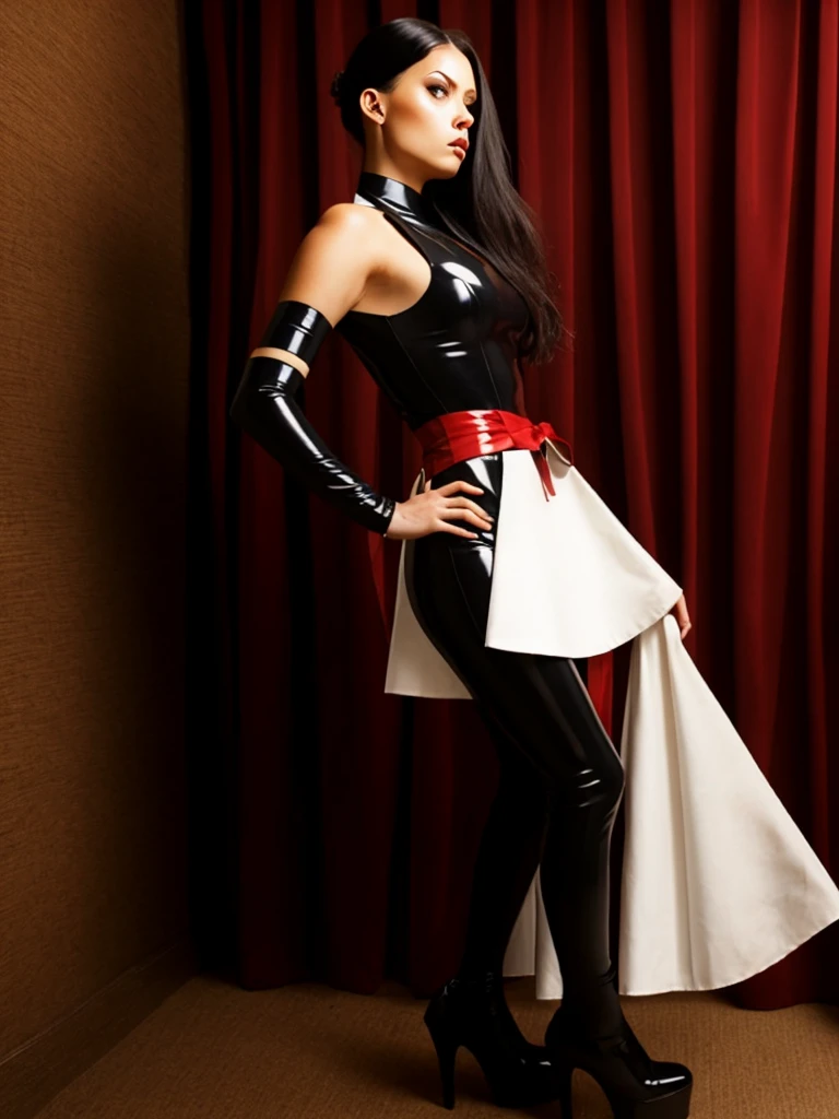 Psylocke ((long hair)), black latex pattern, maid headdress, maid outfit, apron thigh boots,
