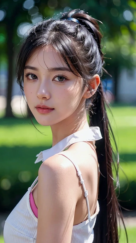 Black Bra、White collared shirt,jeans,outdoors,Urban Park,On the lawn,One woman,close up face,fully body photo,masutepiece, The highest image quality, High quality, the background is clear,Beautiful woman, Japanese, Detailed, Ultra-detailed, finely detail, hight resolution, 8K Wallpaper, Perfect dynamic composition, Beautiful detailed eyes ,Detailed eyes, Detailed skin, Beautiful skin, 超hight resolution, (reality: 1.4),Very beautiful woman, Slightly younger face, Beautiful skin, slender, (Ultra photo realsisim), (hight resolution), (8K), (Very detailed) (beautifully detailed eyes), (super detailed), (Detailed face), view the viewer, Fine details, Detailed face, Staring straight ahead, Staring straight ahead, photos realistic, Bright lighting, Professional Lighting, Black hair,poneyTail,a baby face,sixteen years old,Hairstyle: ponytail,Long ponytail hairstyle,slight smile,