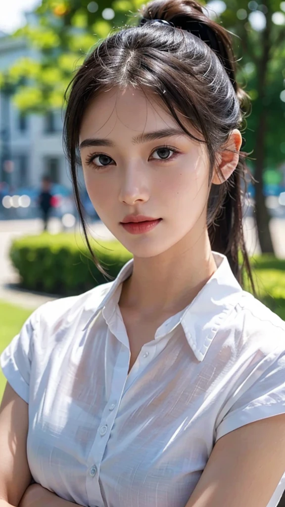 Black Bra、White collared shirt,jeans,outdoors,Urban Park,On the lawn,One woman,close up face,fully body photo,masutepiece, The highest image quality, High quality, the background is clear，Beautiful woman, Japanese, Detailed, Ultra-detailed, finely detail, hight resolution, 8K Wallpaper, Perfect dynamic composition, Beautiful detailed eyes ,Detailed eyes, Detailed skin, Beautiful skin, 超hight resolution, (reality: 1.4),Very beautiful woman, Slightly younger face, Beautiful skin, slender, (Ultra photo realsisim), (hight resolution), (8K), (Very detailed) (beautifully detailed eyes), (super detailed),   (Detailed face), view the viewer, Fine details, Detailed face, Staring straight ahead, Staring straight ahead, photos realistic, Bright lighting, Professional Lighting, Black hair,poneyTail,a baby face,sixteen years old,Hairstyle: ponytail,Long ponytail hairstyle,slight smile,