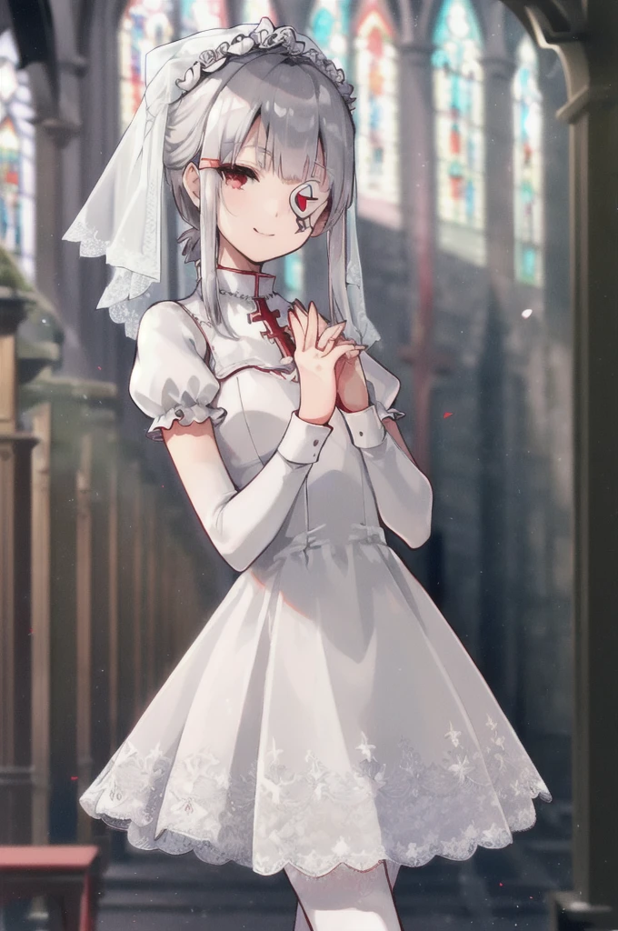 ((masterpiece))、(((Highest quality)))、((Super detailed)),Medium_chest,Red knee socks,One girl,Gray Hair,(Silver eye patch),Cowboy Shot,Are standing,Happy,Red eyes,View your viewers,Dutch Angle,Depth of written boundary,bangs,Fascinating_smile,Both sides up,Hair Clip,Medium Hair,(((Wedding dress))),(((Veil))),(((church background))),(((Accurate hands and fingers))),Yamawaki Vaughn Ivar,