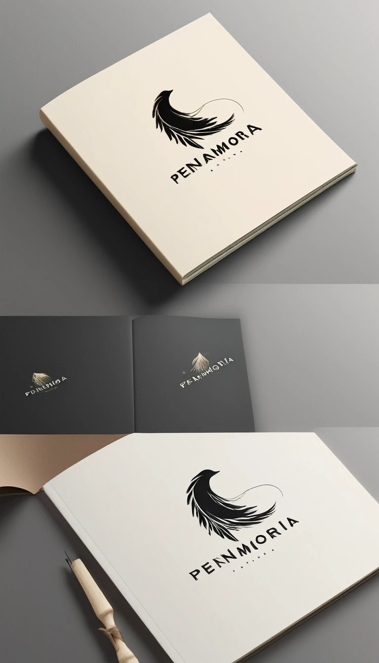 A minimal, modern, simple, cinematic logotype for the brand “Penamemoria". The logotype must be a simple, magical feather and a boy playing acoustic guitar. The logo must convey a sense of music, stories and dreams. Logo design impressed on a book cover. Minimalistic logo