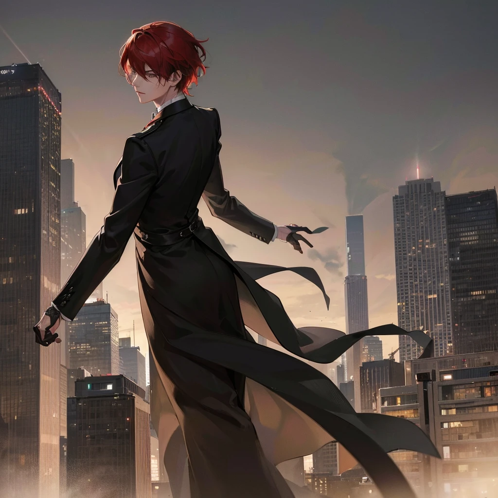 a man in a black suit standing on the rooftop of a tall building, back facing the city skyline, cinematic lighting, dramatic atmosphere, anime-style character, highly detailed, photorealistic, 8K, intricate details, sharp focus, volumetric lighting, realistic textures, moody colors, chiaroscuro lighting, masterpiece, short hair, red hair