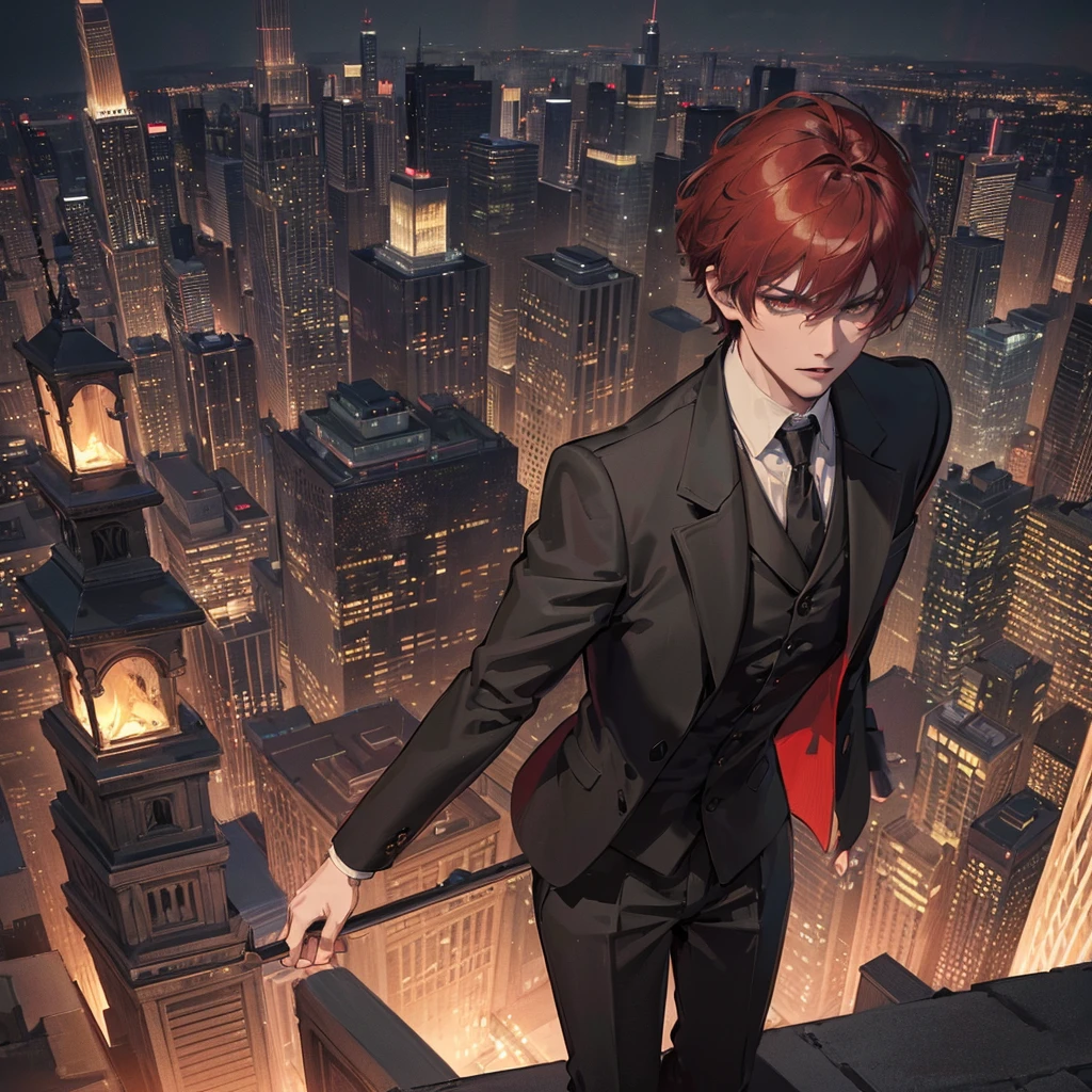 a man in a black suit standing on the rooftop of a tall building, back facing the city skyline, cinematic lighting, dramatic atmosphere, anime-style character, highly detailed, photorealistic, 8K, intricate details, sharp focus, volumetric lighting, realistic textures, moody colors, chiaroscuro lighting, masterpiece, short hair, red hair