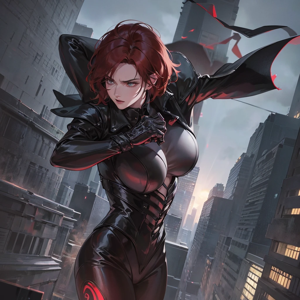 a man in a black suit standing on the rooftop of a tall building, back facing the city skyline, cinematic lighting, dramatic atmosphere, anime-style character, highly detailed, photorealistic, 8K, intricate details, sharp focus, volumetric lighting, realistic textures, moody colors, chiaroscuro lighting, masterpiece, short hair, red hair