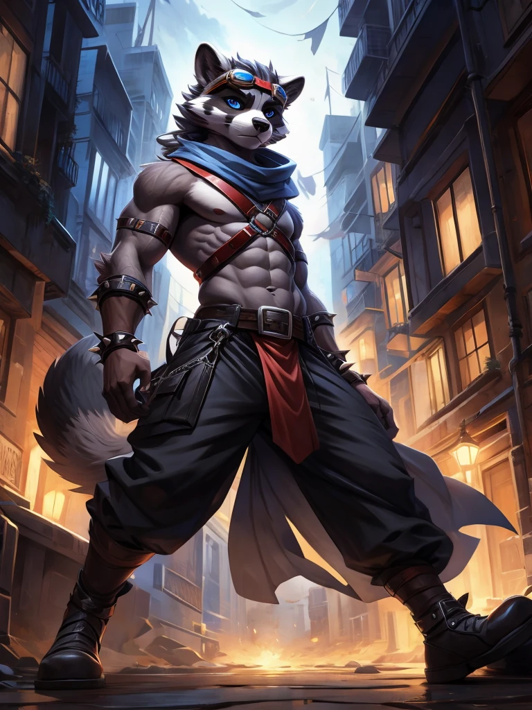 no lighting, deep shadow, dynamic angle, Solo, teen furry, furry, teen, raccoon, grey body, long brown spiked_ponytail, Detailed body fur, long blue scarf, leather_harness, blue_loincloth, goggles, masterpiece, gray body, Detailed face, big eyebrows, blue eyes, detailed eyes, No muscles, Detailed hands, Flat body, Skinny, Detailed paws, metal cuffs on wrists, black baggy pants, no shirt, street, night, no underwear, laying, bored