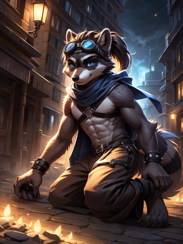 no lighting, deep shadow, dynamic angle, Solo, teen furry, furry, teen, raccoon, grey body, long brown spiked_ponytail, Detailed body fur, long blue scarf, leather_harness, blue_loincloth, goggles, masterpiece, gray body, Detailed face, big eyebrows, blue eyes, detailed eyes, No muscles, Detailed hands, Flat body, Skinny, Detailed paws, metal cuffs on wrists, black baggy pants, no shirt, street, night, no , laying, bored