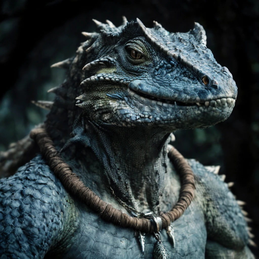 (masterpiece)+, (extremely (realistic)+,a portrait of a extremely ugly male lizardfolk tribal warrior, Massive, Tribal necklace and armor, Blue-tinted scales. Menacing stare. Looking at camera. volumetrics dtx, Photorealistic, ultra detailed, Artstation trending, very very detailed, realistic shaded lighting, dynamic shadows, detailed Swamp background, upper body, professional photograph of a detailed skin, sharp focus, dramatic, award winning, cinematic lighting, octane render, unreal engine, volumetrics dtx, Photorealistic, ultra detailed, Artstation trending, very very detailed, hyperrealistic, fine details, realistic shaded lighting, dynamic shadows, Swamp background, add_detail:1, skin pores and wrinkles, details.,